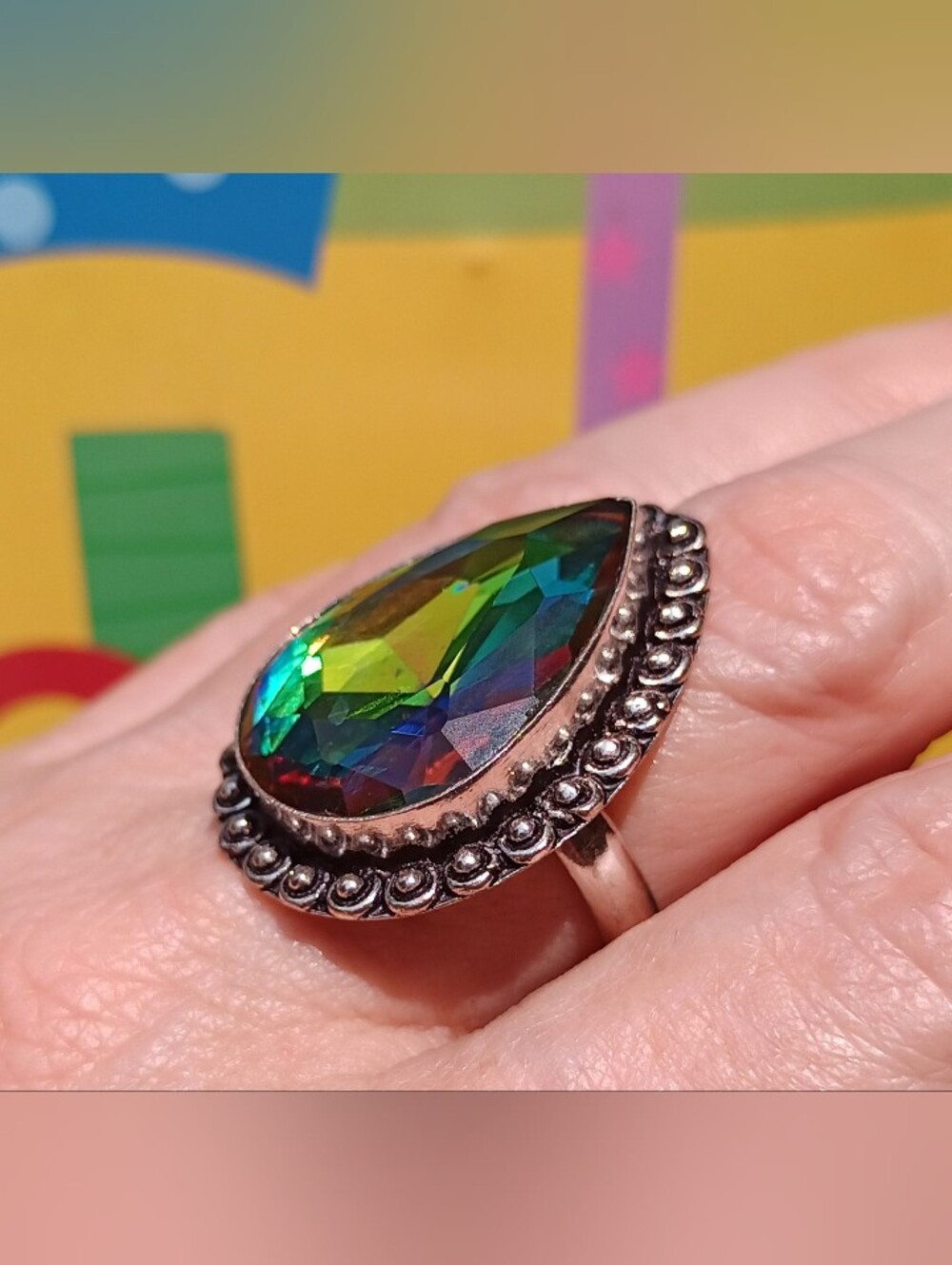 Rainbow Mystic Topaz (Coated White Topaz) Teardrop Silver Ring Sz 7.75